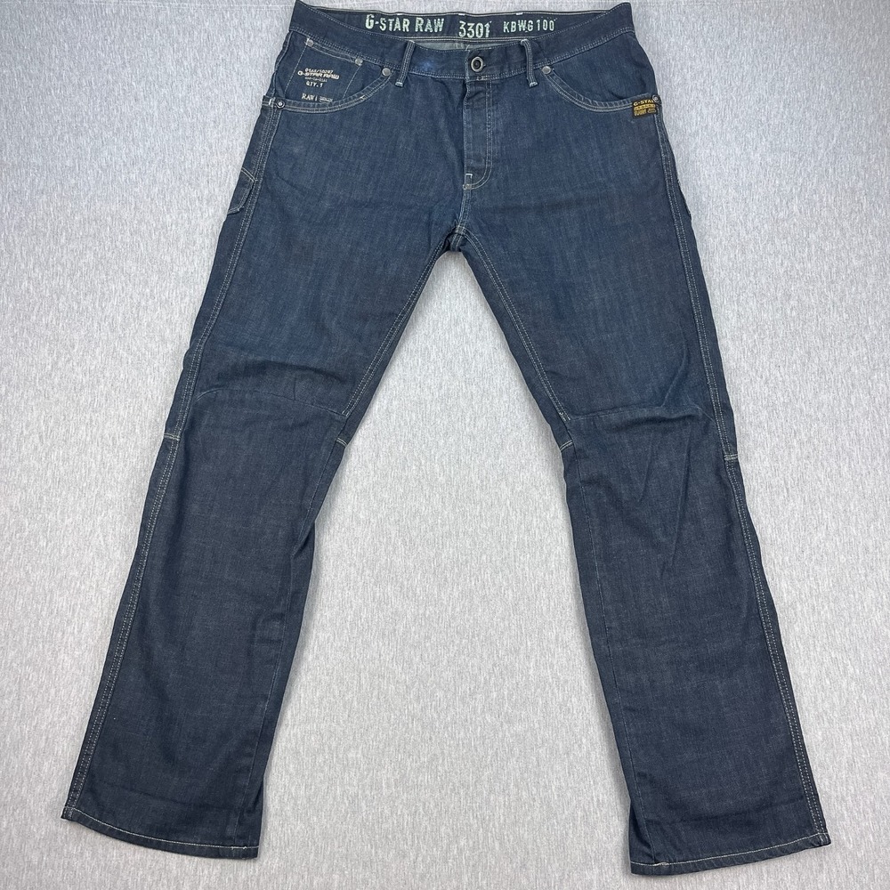 G-Star Raw 3301 KBWG 100 Jeans Mens 40x33 Blue Denim Straight Leg Button-Fly